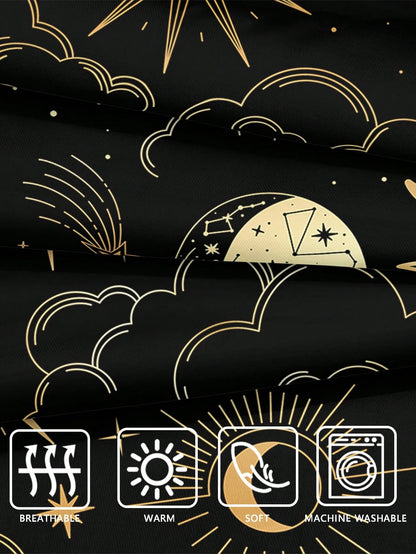 Black & Gold Sun & Moon Bedding Set, Bohemian Style Duvet Cover Set, Gold Moon & Star Print 3 Pieces Set, Room Decor, Bohemian Style Duvet Cover, Soft & Lightweight Microfiber Duvet Cover, Unisex, 2