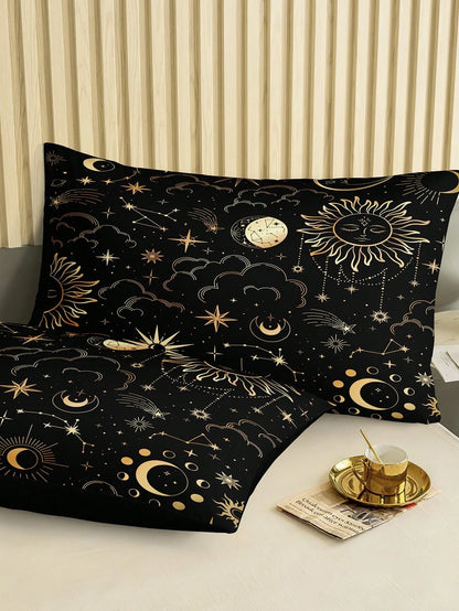 Black & Gold Sun & Moon Bedding Set, Bohemian Style Duvet Cover Set, Gold Moon & Star Print 3 Pieces Set, Room Decor, Bohemian Style Duvet Cover, Soft & Lightweight Microfiber Duvet Cover, Unisex, 2
