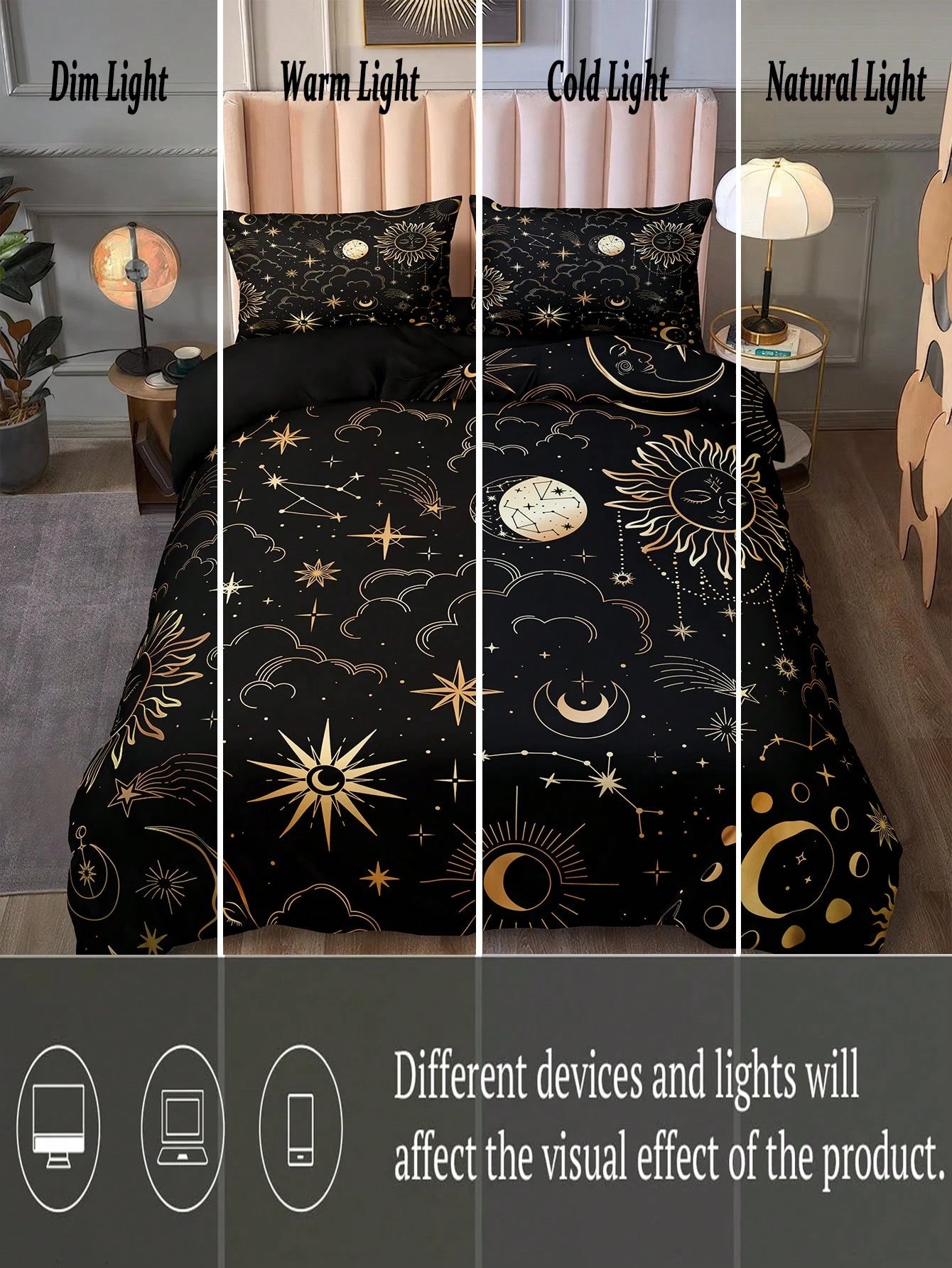 Black & Gold Sun & Moon Bedding Set, Bohemian Style Duvet Cover Set, Gold Moon & Star Print 3 Pieces Set, Room Decor, Bohemian Style Duvet Cover, Soft & Lightweight Microfiber Duvet Cover, Unisex, 2
