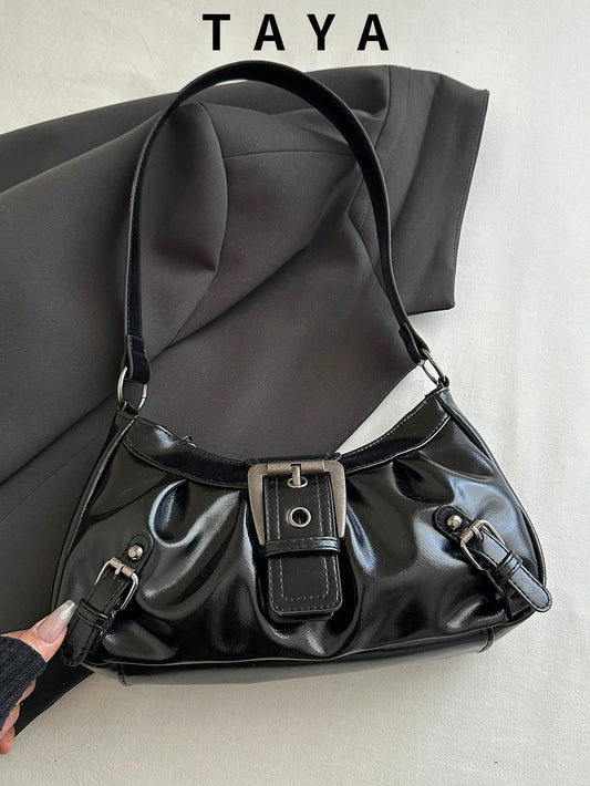 Black Purse Vintage Buckle Ruched Leather Underarm Hobo Handbag For Women, Y2K Daily Streetwear Purses And Bags For Women