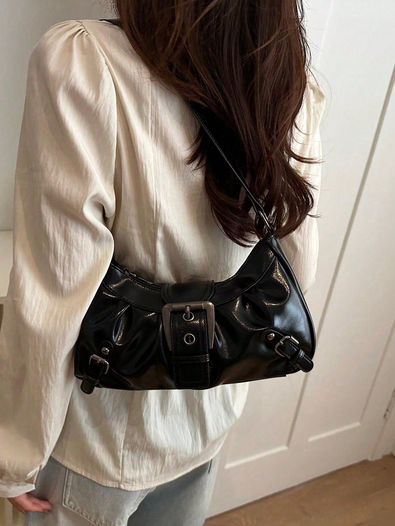 Black Purse Vintage Buckle Ruched Leather Underarm Hobo Handbag For Women, Y2K Daily Streetwear Purses And Bags For Women