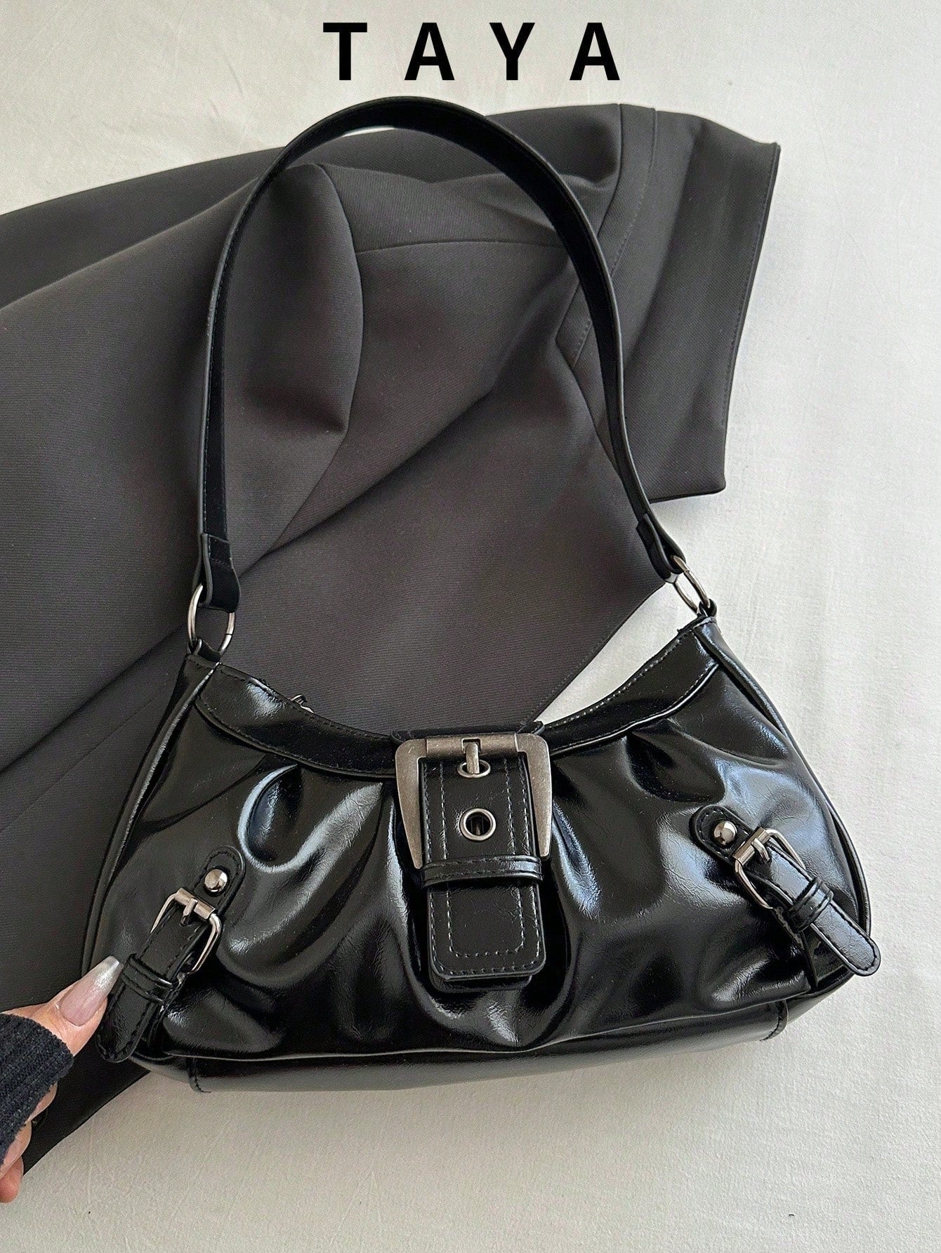 Black Purse Vintage Buckle Ruched Leather Underarm Hobo Handbag For Women, Y2K Daily Streetwear Purses And Bags For Women
