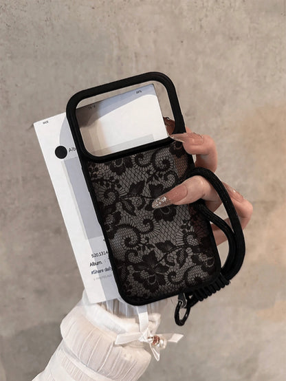 Black Silicone Lace Pattern Silicone Lanyard Style 1pc Silicone Lanyard Lace Pattern Matte Transparent Phone Case Compatible With Iphone17 17pro 17Air 17promax11 11Pro 11promax 12 12 Pro 12Promax 13 1