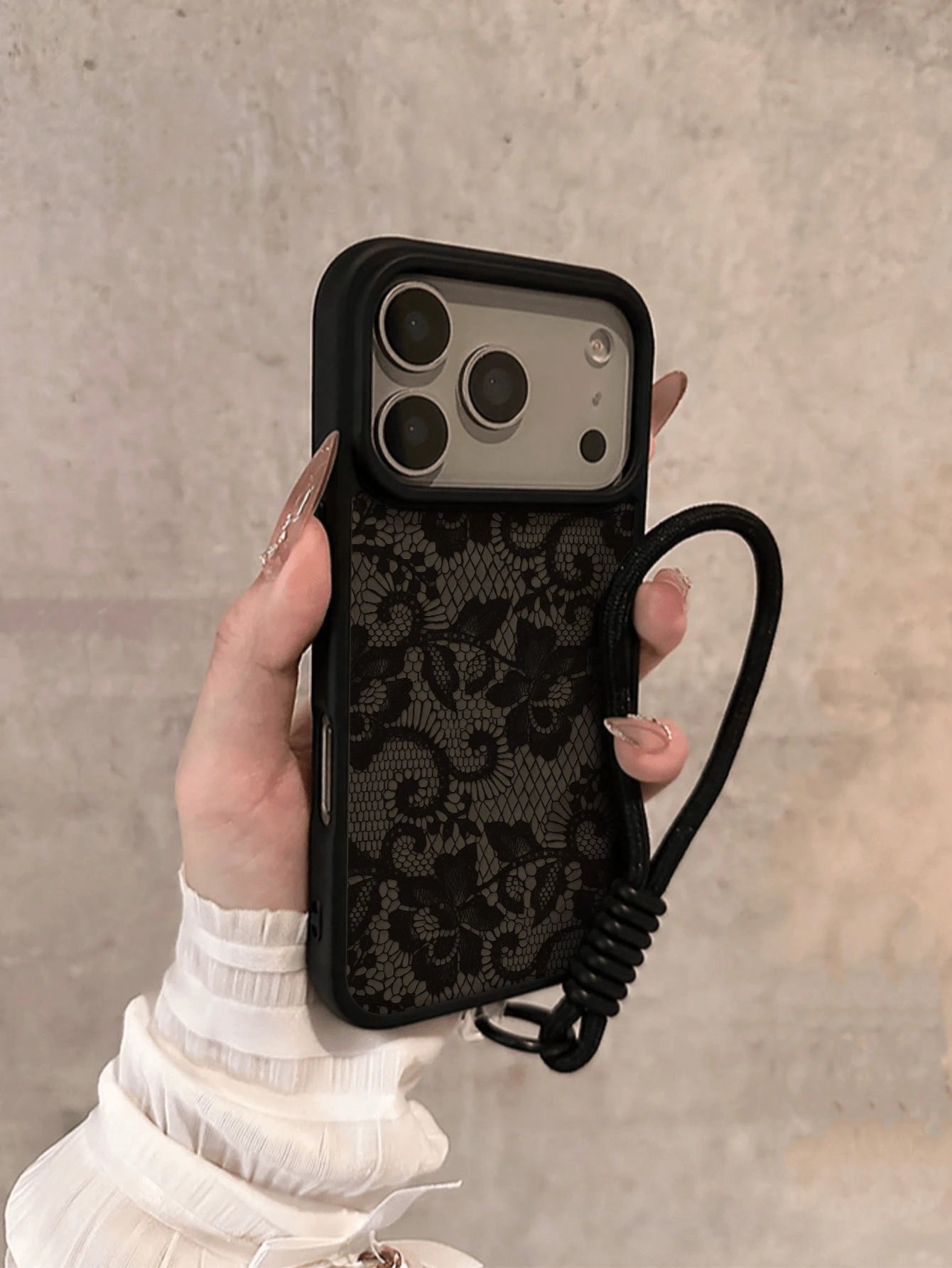 Black Silicone Lace Pattern Silicone Lanyard Style 1pc Silicone Lanyard Lace Pattern Matte Transparent Phone Case Compatible With Iphone17 17pro 17Air 17promax11 11Pro 11promax 12 12 Pro 12Promax 13 1