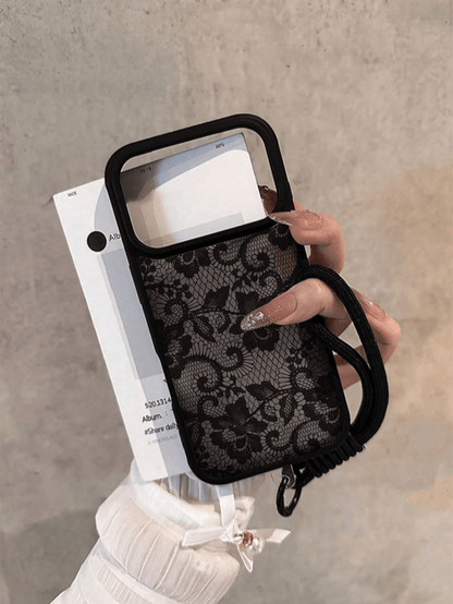 Black Silicone Lace Pattern Silicone Lanyard Style 1pc Silicone Lanyard Lace Pattern Matte Transparent Phone Case Compatible With Iphone17 17pro 17Air 17promax11 11Pro 11promax 12 12 Pro 12Promax 13 1