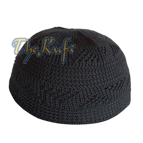 Black Skull Cap Nylon Kufi - Vertical Zigzag Interwoven Design Prayer Hat