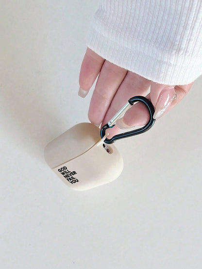 Black Slogan Element Bluetooth Earphone Cases 1pc Christian Bible Verse Earphone Case, Cool Christian Earphone Case, Christian Gift For Girlfriend/Boyfriend, Slogan Beige Earphone Case With 1pc Earpho