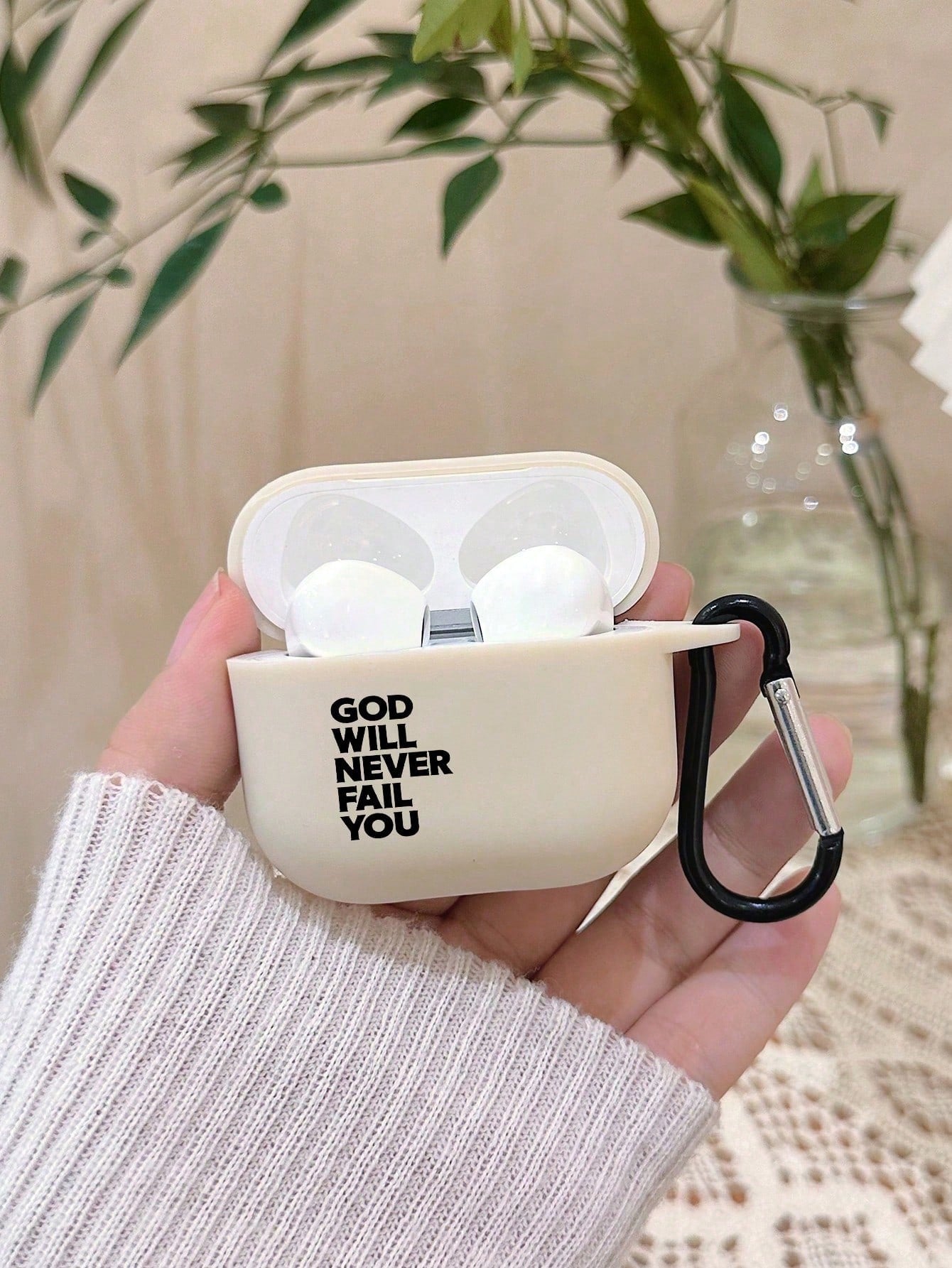Black Slogan Element Bluetooth Earphone Cases 1pc Christian Bible Verse Earphone Case, Cool Christian Earphone Case, Christian Gift For Girlfriend/Boyfriend, Slogan Beige Earphone Case With 1pc Earpho