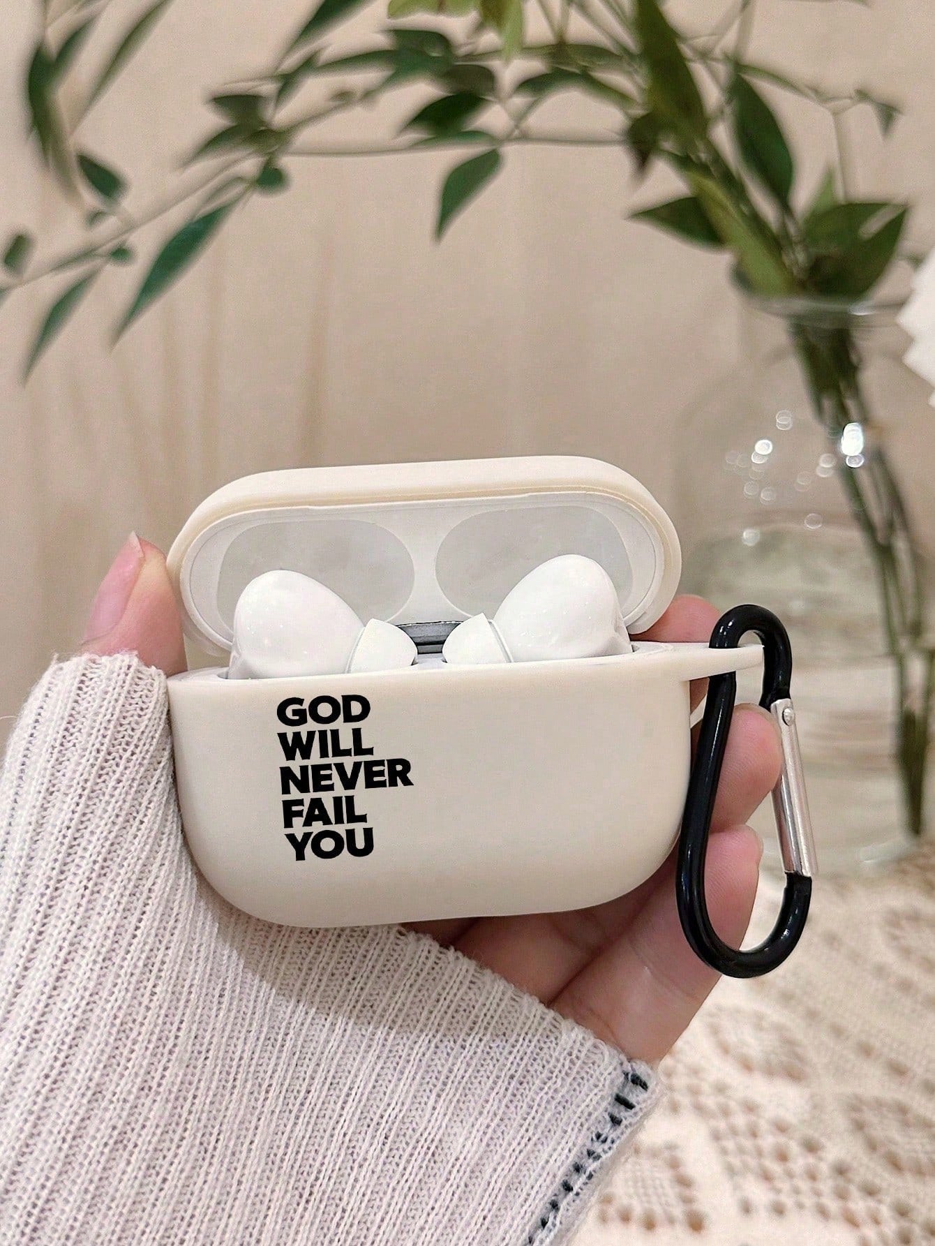 Black Slogan Element Bluetooth Earphone Cases 1pc Christian Bible Verse Earphone Case, Cool Christian Earphone Case, Christian Gift For Girlfriend/Boyfriend, Slogan Beige Earphone Case With 1pc Earpho
