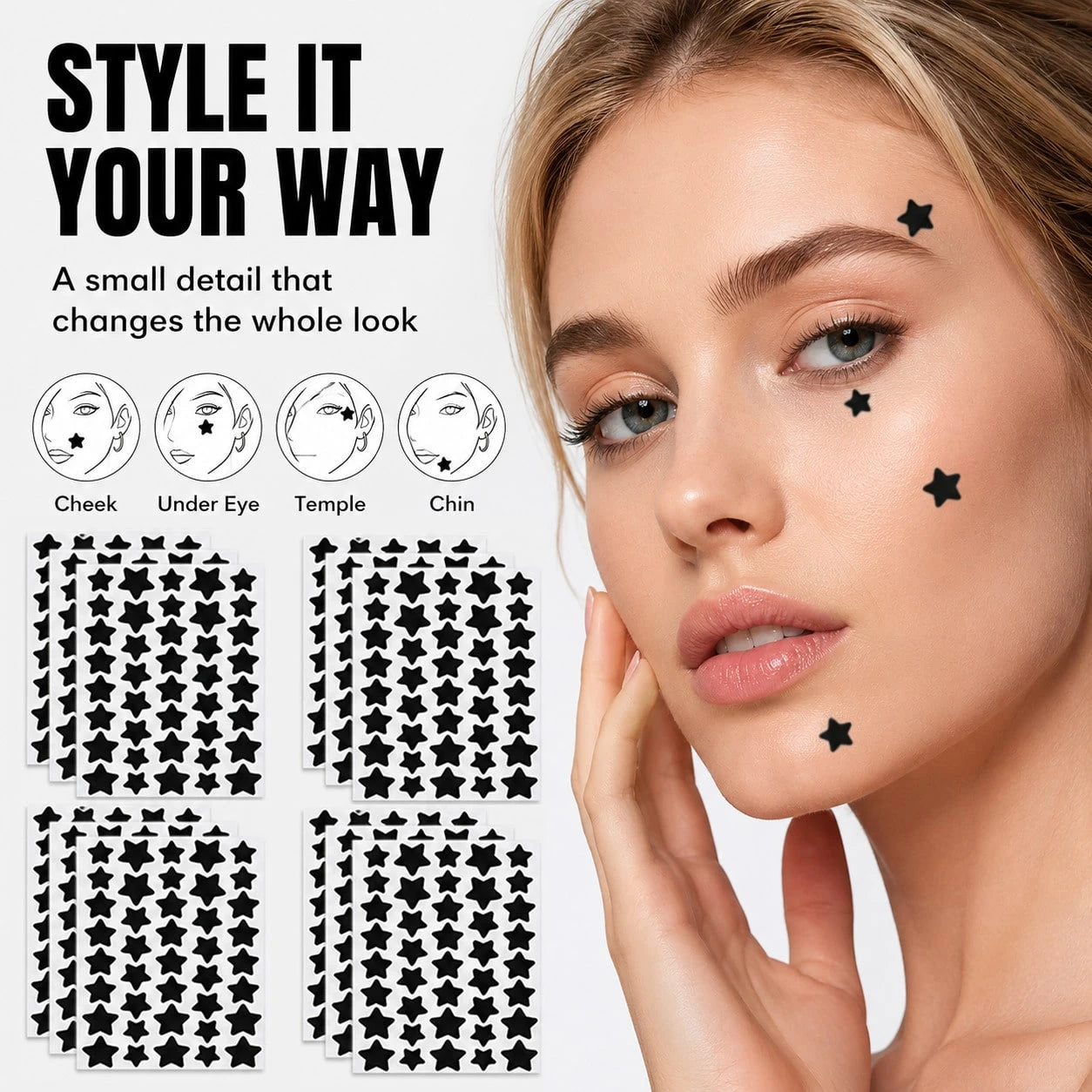 Black Star Face Decorative Stickers, 2000pcs Mixed Size Star Face Decals, Cute Makeup Accessories For Party, Festival, Selfie, Daily Styling