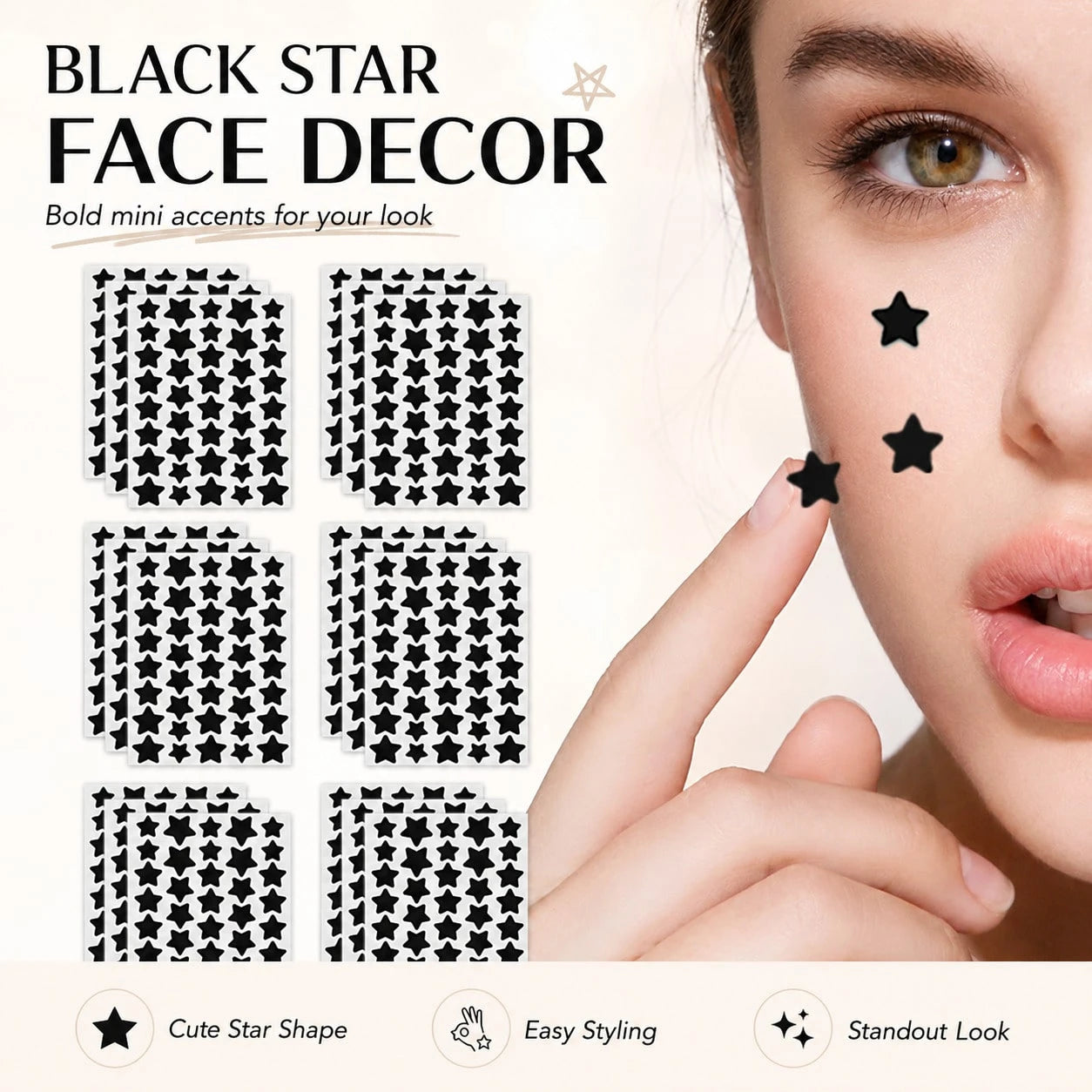 Black Star Face Decorative Stickers, 2000pcs Mixed Size Star Face Decals, Cute Makeup Accessories For Party, Festival, Selfie, Daily Styling