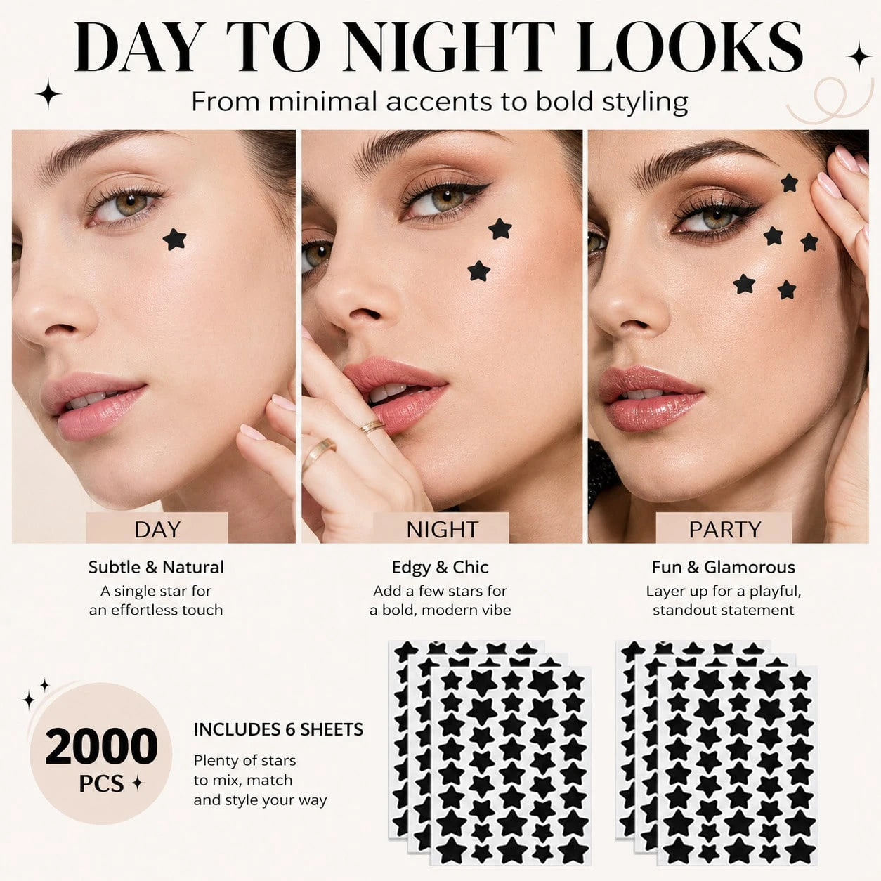Black Star Face Decorative Stickers, 2000pcs Mixed Size Star Face Decals, Cute Makeup Accessories For Party, Festival, Selfie, Daily Styling