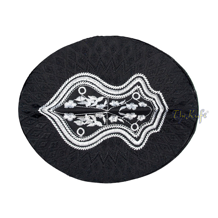 Black & White Assagofah Embroidered Sandal Diamond Design Creased-Top Oval Nalain Rigid Kufi Hat