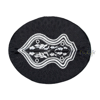 Black & White Assagofah Embroidered Sandal Diamond Design Creased-Top Oval Nalain Rigid Kufi Hat
