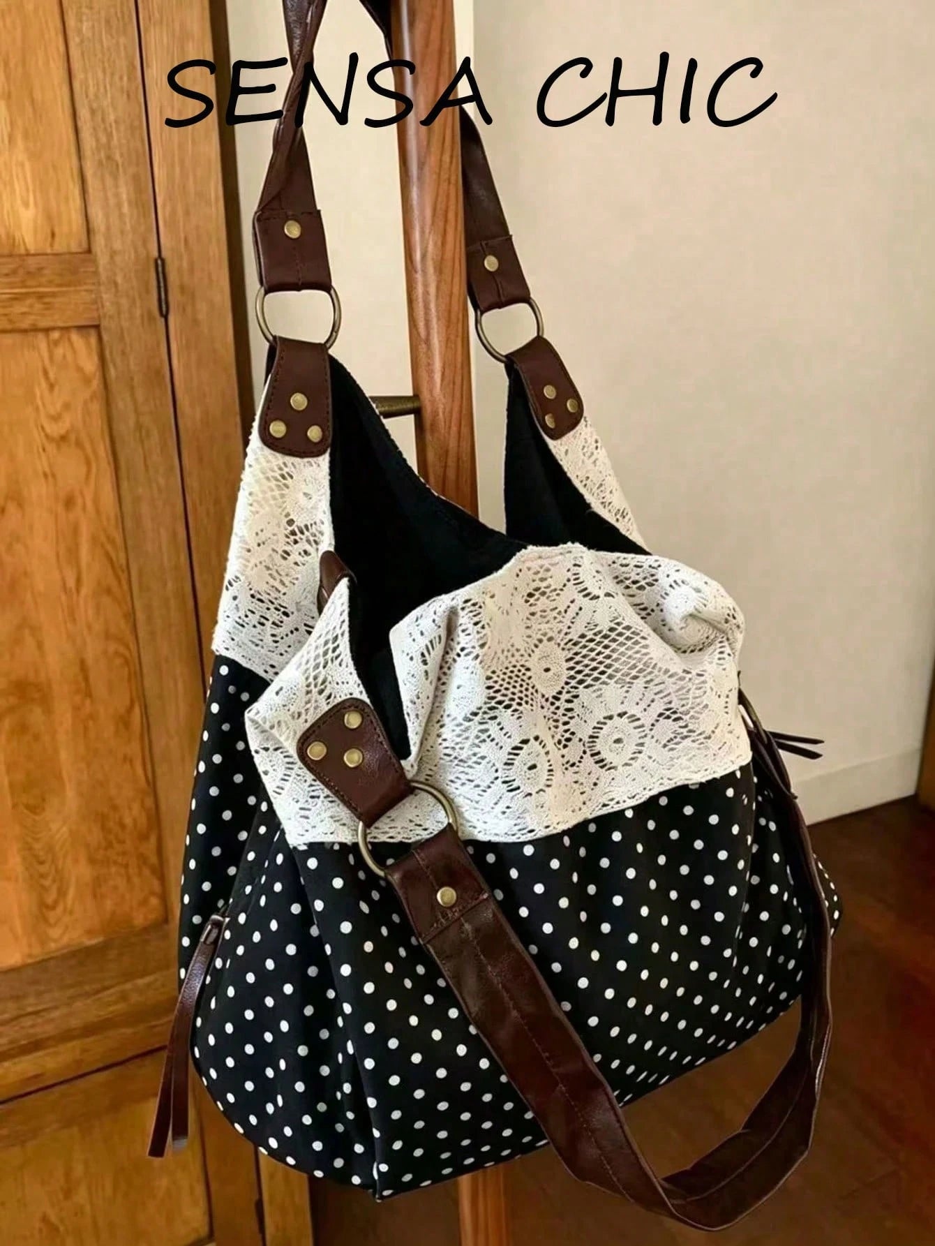 Black White Polka Dot Shoulder Bag With White Lace Patchwork, Adjustable Faux Leather Rivet Shoulder Strap Large Capacity Casual Bag