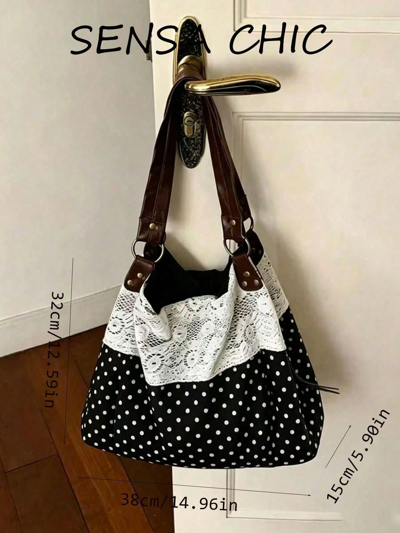 Black White Polka Dot Shoulder Bag With White Lace Patchwork, Adjustable Faux Leather Rivet Shoulder Strap Large Capacity Casual Bag