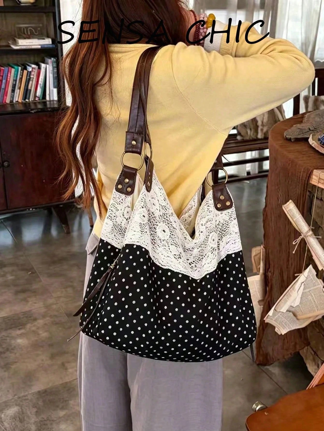 Black White Polka Dot Shoulder Bag With White Lace Patchwork, Adjustable Faux Leather Rivet Shoulder Strap Large Capacity Casual Bag