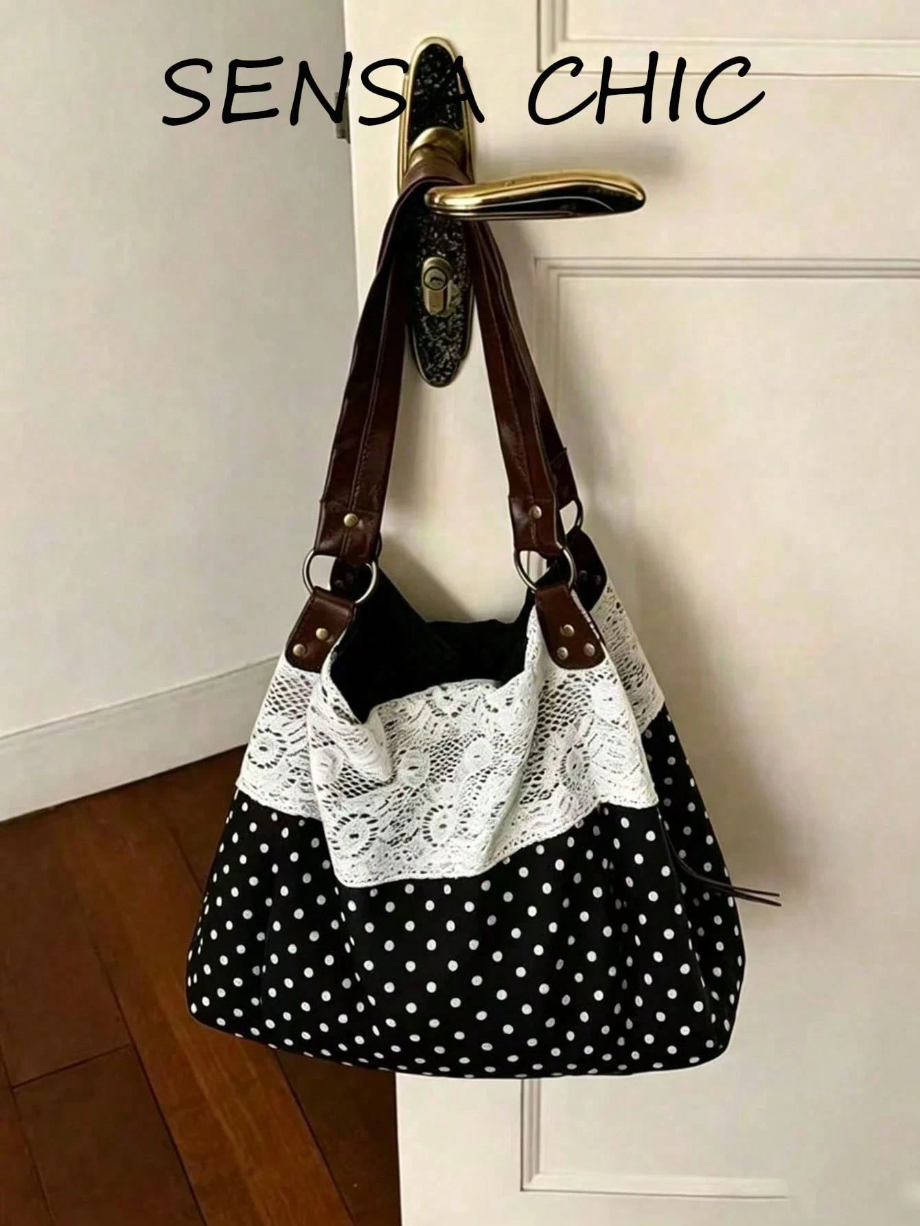 Black White Polka Dot Shoulder Bag With White Lace Patchwork, Adjustable Faux Leather Rivet Shoulder Strap Large Capacity Casual Bag