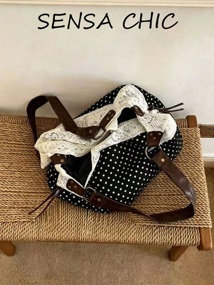 Black White Polka Dot Shoulder Bag With White Lace Patchwork, Adjustable Faux Leather Rivet Shoulder Strap Large Capacity Casual Bag