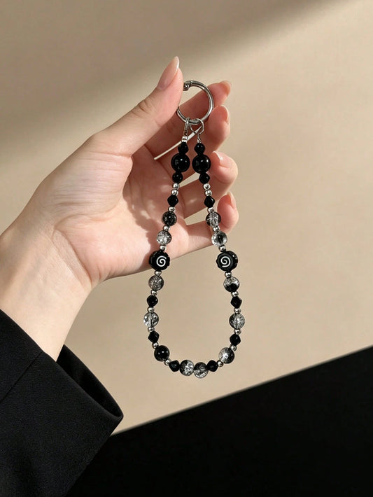 Black White Spiral Pattern Crackle Crystal Bead Phone Wrist Chain, Dark Tone Glitter Ice Crack Mixed Bead Short Lanyard, Silver Spring Ring Clasp Dual Use Bag Key Charm, Y2K Grunge Cool Girly Anti-Los