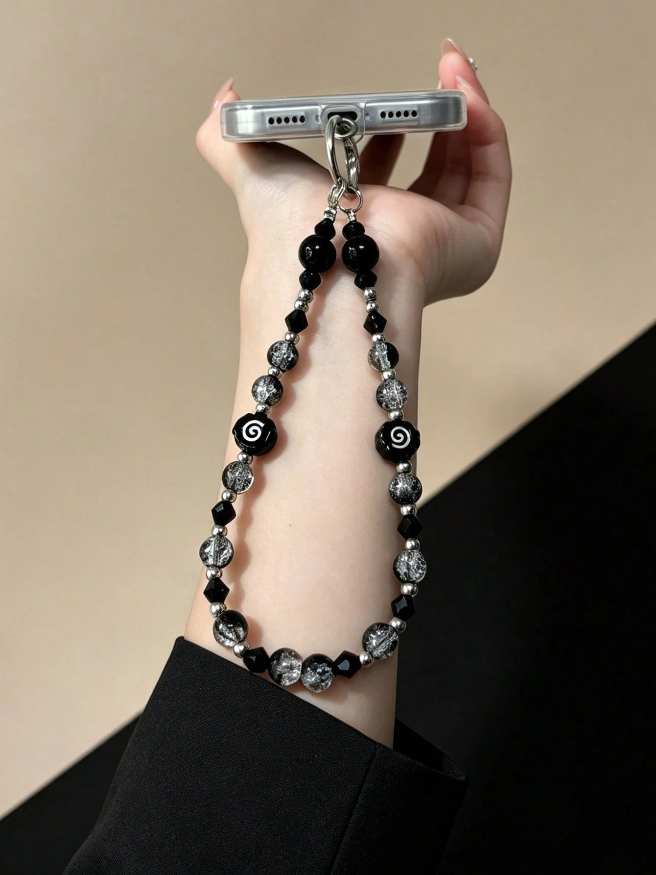 Black White Spiral Pattern Crackle Crystal Bead Phone Wrist Chain, Dark Tone Glitter Ice Crack Mixed Bead Short Lanyard, Silver Spring Ring Clasp Dual Use Bag Key Charm, Y2K Grunge Cool Girly Anti-Los