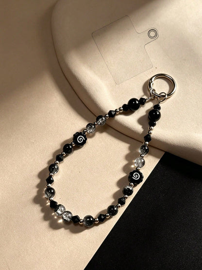 Black White Spiral Pattern Crackle Crystal Bead Phone Wrist Chain, Dark Tone Glitter Ice Crack Mixed Bead Short Lanyard, Silver Spring Ring Clasp Dual Use Bag Key Charm, Y2K Grunge Cool Girly Anti-Los