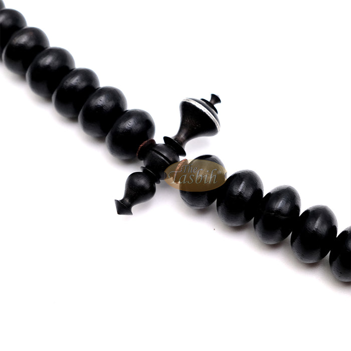 Black Wood Tijani Tasbih | Limited Edition Ain Madhi 13x8 mm Oval Pewter Inlay 100-Bead