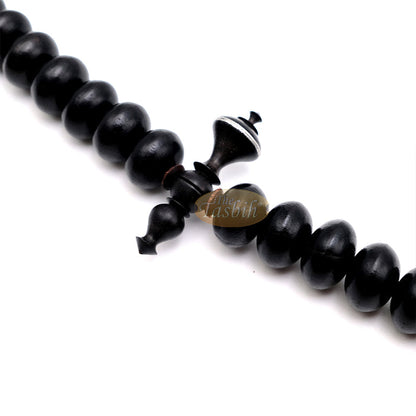 Black Wood Tijani Tasbih | Limited Edition Ain Madhi 13x8 mm Oval Pewter Inlay 100-Bead
