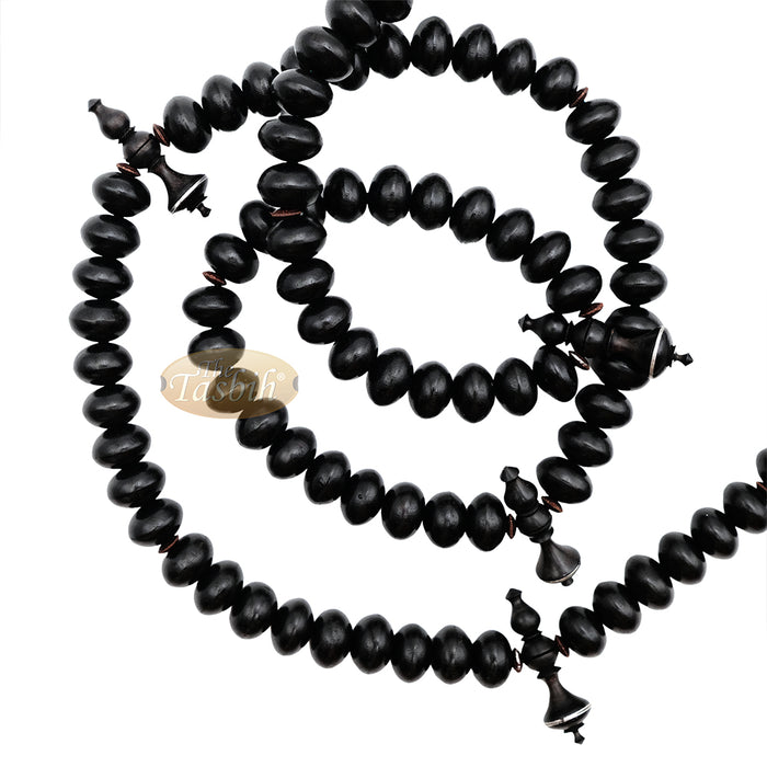 Black Wood Tijani Tasbih | Limited Edition Ain Madhi 13x8 mm Oval Pewter Inlay 100-Bead