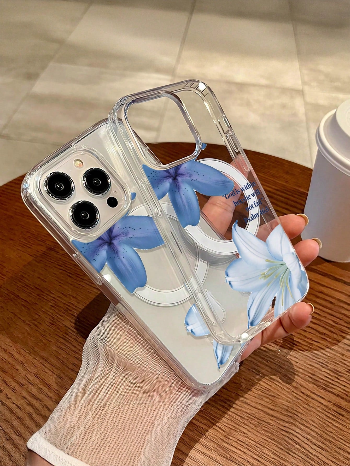Blue Floral Fashion 1pc Transparent Magnetic Wireless Charging Lily Flower Soft + Hard Phone Case, Scratch-Resistant, Fingerprint-Proof, Compatible With Iphone 15, 16 Pro/Pro Max, 14, 15, 16 Plus, Uni