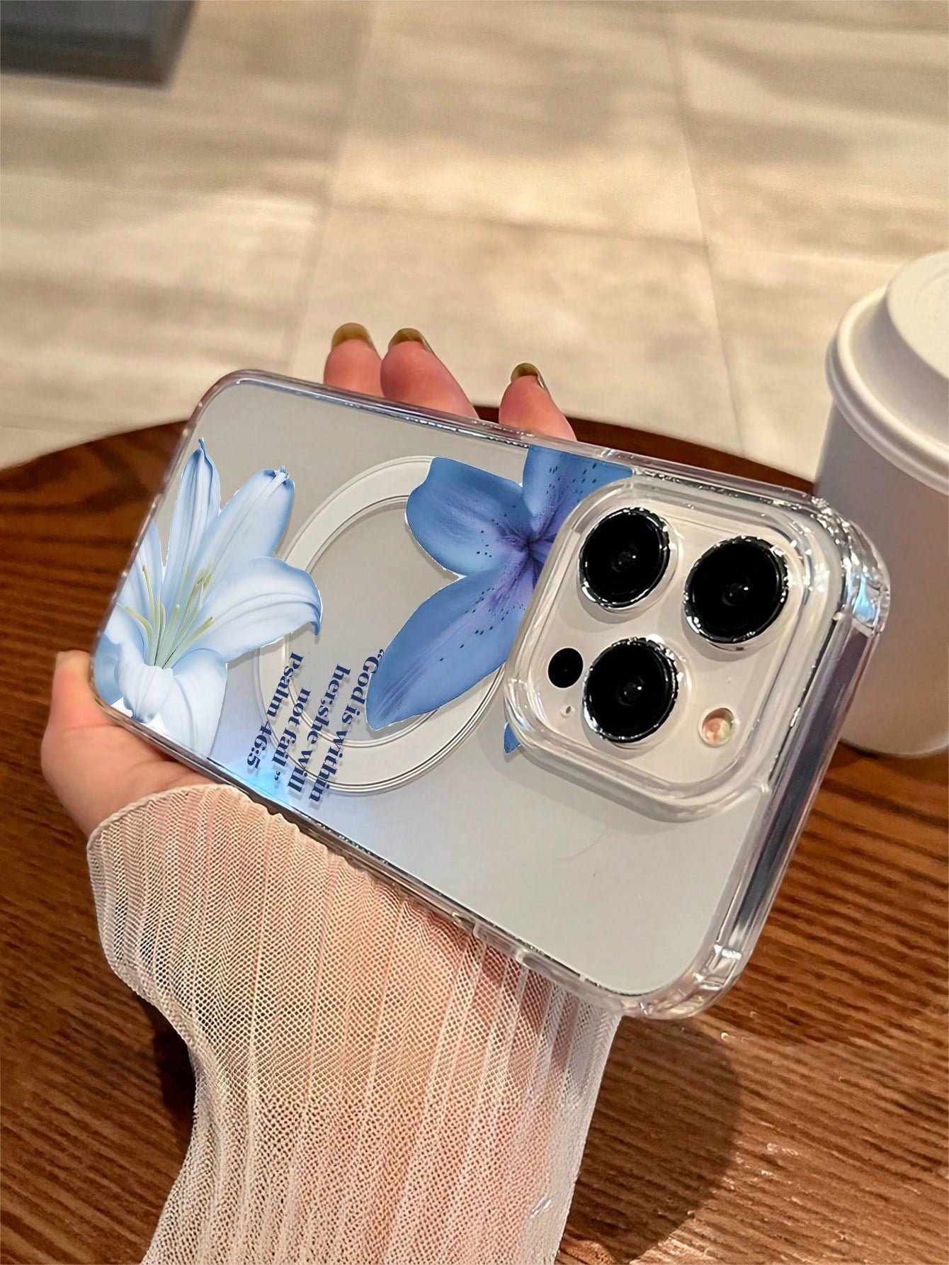 Blue Floral Fashion 1pc Transparent Magnetic Wireless Charging Lily Flower Soft + Hard Phone Case, Scratch-Resistant, Fingerprint-Proof, Compatible With Iphone 15, 16 Pro/Pro Max, 14, 15, 16 Plus, Uni