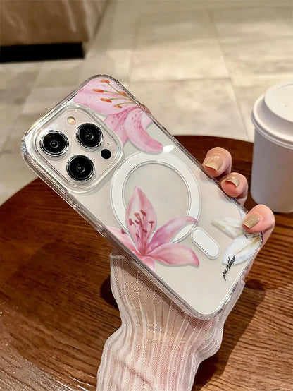 Blue Floral Fashion 1pc Transparent Magnetic Wireless Charging Lily Flower Soft + Hard Phone Case, Scratch-Resistant, Fingerprint-Proof, Compatible With Iphone 15, 16 Pro/Pro Max, 14, 15, 16 Plus, Uni
