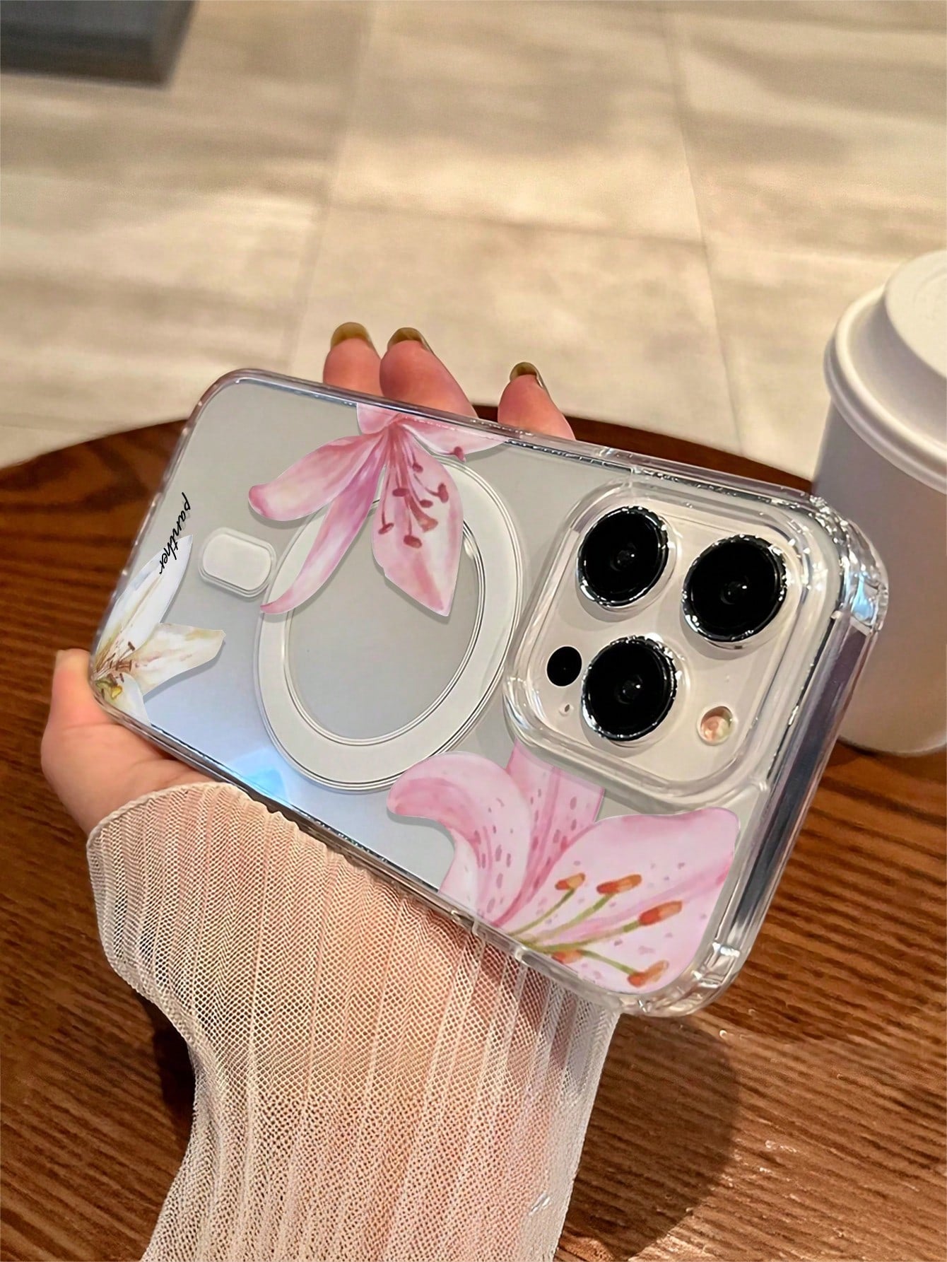 Blue Floral Fashion 1pc Transparent Magnetic Wireless Charging Lily Flower Soft + Hard Phone Case, Scratch-Resistant, Fingerprint-Proof, Compatible With Iphone 15, 16 Pro/Pro Max, 14, 15, 16 Plus, Uni