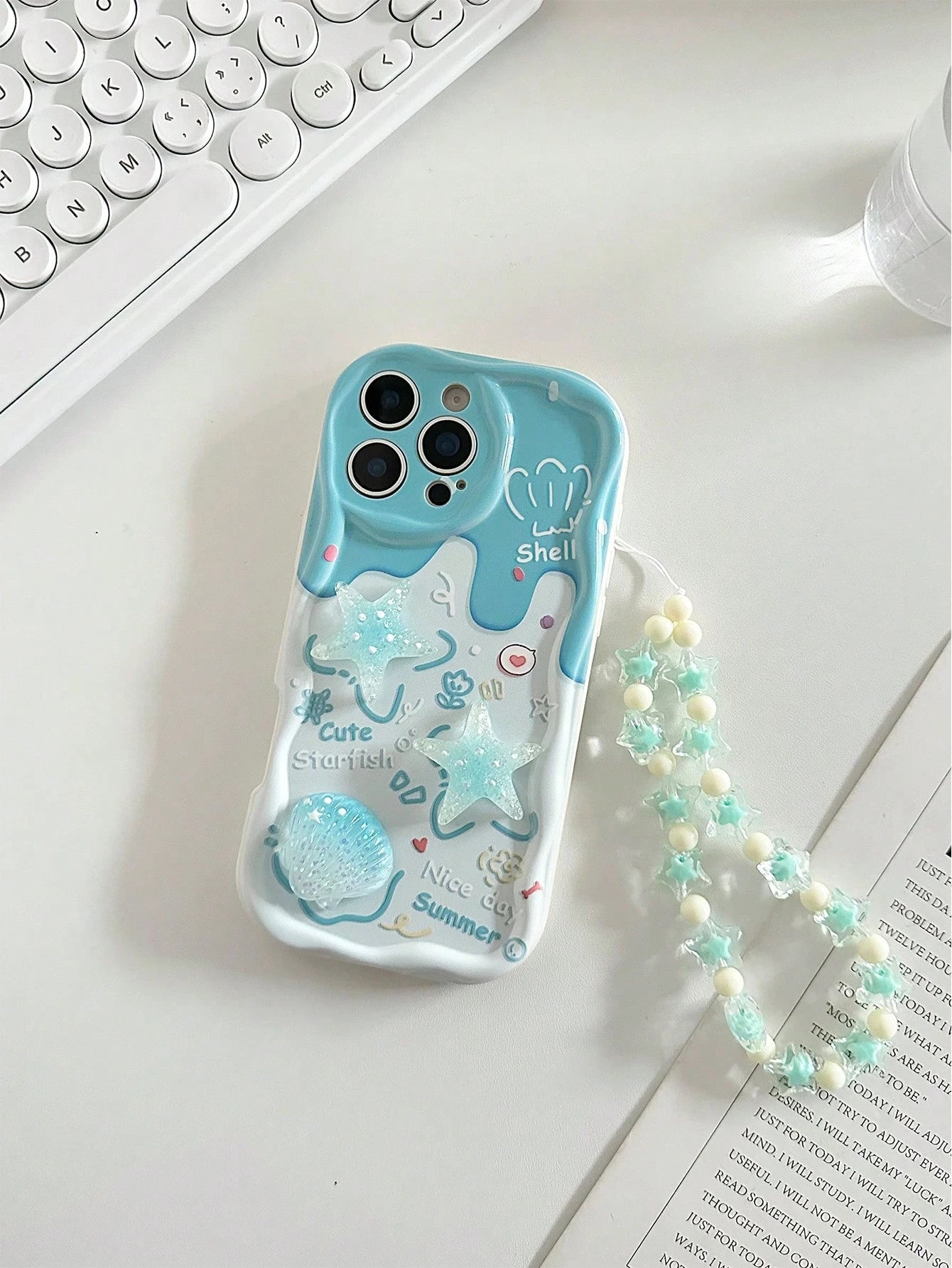 Blue Ocean Elements Novelty Cases Blue Ocean Elements Novelty Cartoon Starfish Handmade Decor Accessories, Beige Color Painted Cream Wavy Pattern Protective Case With Chain, Compatible With Iphone 17