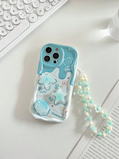 Blue Ocean Elements Novelty Cases Blue Ocean Elements Novelty Cartoon Starfish Handmade Decor Accessories, Beige Color Painted Cream Wavy Pattern Protective Case With Chain, Compatible With Iphone 17