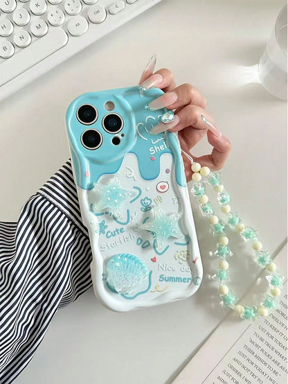 Blue Ocean Elements Novelty Cases Blue Ocean Elements Novelty Cartoon Starfish Handmade Decor Accessories, Beige Color Painted Cream Wavy Pattern Protective Case With Chain, Compatible With Iphone 17
