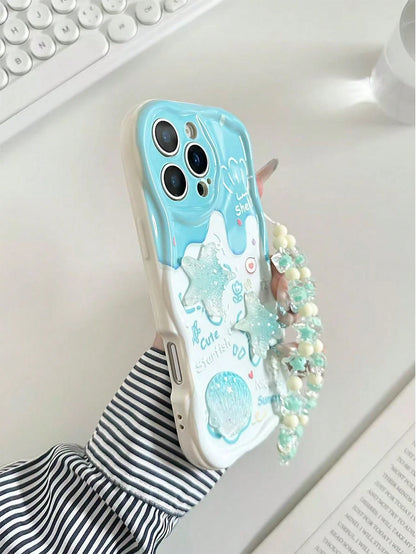 Blue Ocean Elements Novelty Cases Blue Ocean Elements Novelty Cartoon Starfish Handmade Decor Accessories, Beige Color Painted Cream Wavy Pattern Protective Case With Chain, Compatible With Iphone 17