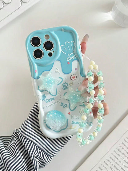 Blue Ocean Elements Novelty Cases Blue Ocean Elements Novelty Cartoon Starfish Handmade Decor Accessories, Beige Color Painted Cream Wavy Pattern Protective Case With Chain, Compatible With Iphone 17