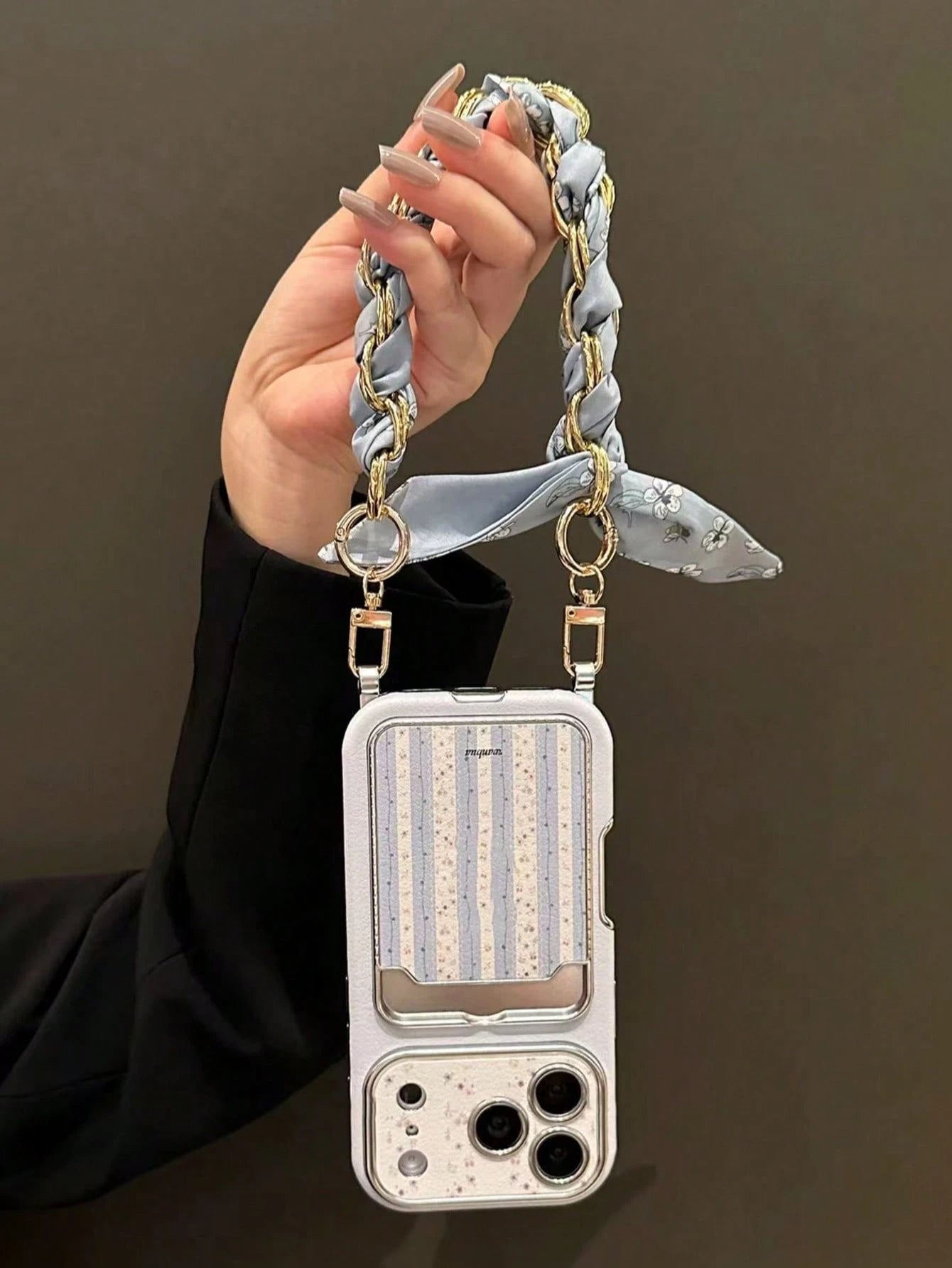 Blue Striped Floral 17/16 Phone Case Compatible With Apple 15/14 Pro Max Card Holder Card Slot 13 Leather Fresh Style 3D Flower Chain Lanyard New INS