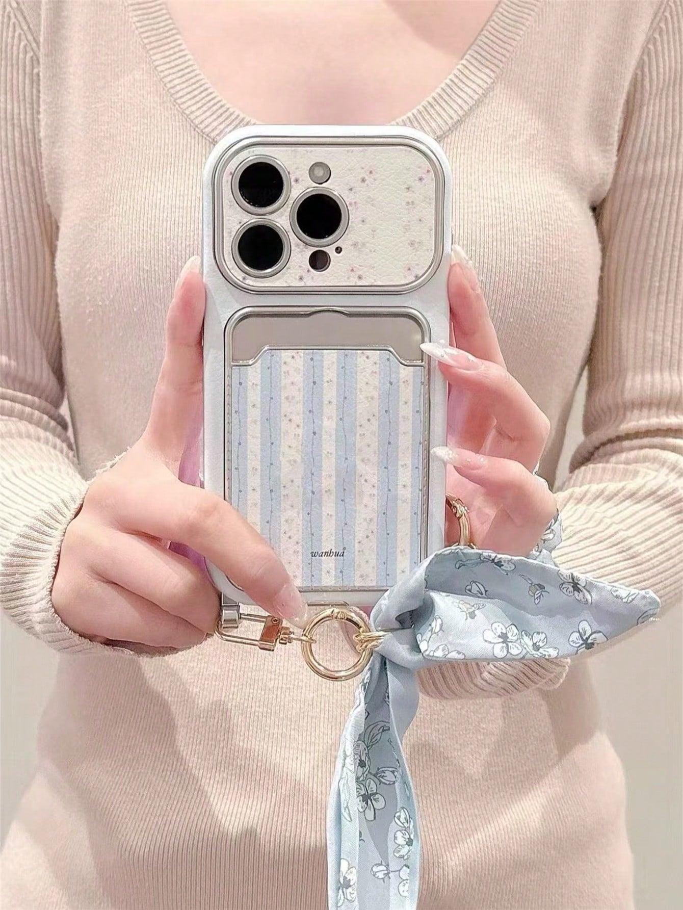 Blue Striped Floral 17/16 Phone Case Compatible With Apple 15/14 Pro Max Card Holder Card Slot 13 Leather Fresh Style 3D Flower Chain Lanyard New INS