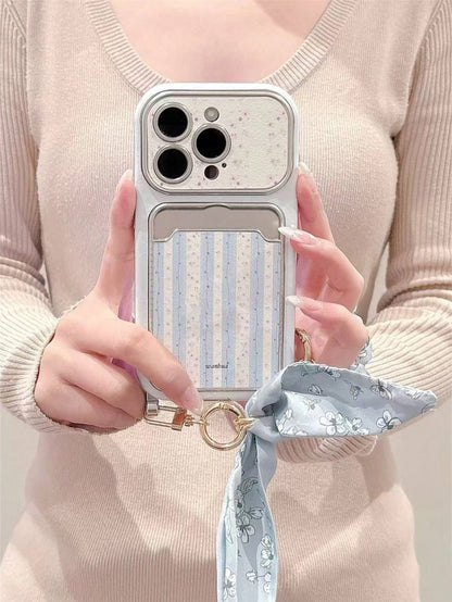Blue Striped Floral 17/16 Phone Case Compatible With Apple 15/14 Pro Max Card Holder Card Slot 13 Leather Fresh Style 3D Flower Chain Lanyard New INS