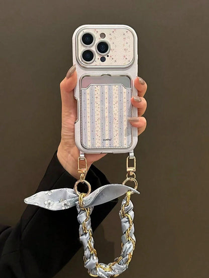 Blue Striped Floral 17/16 Phone Case Compatible With Apple 15/14 Pro Max Card Holder Card Slot 13 Leather Fresh Style 3D Flower Chain Lanyard New INS