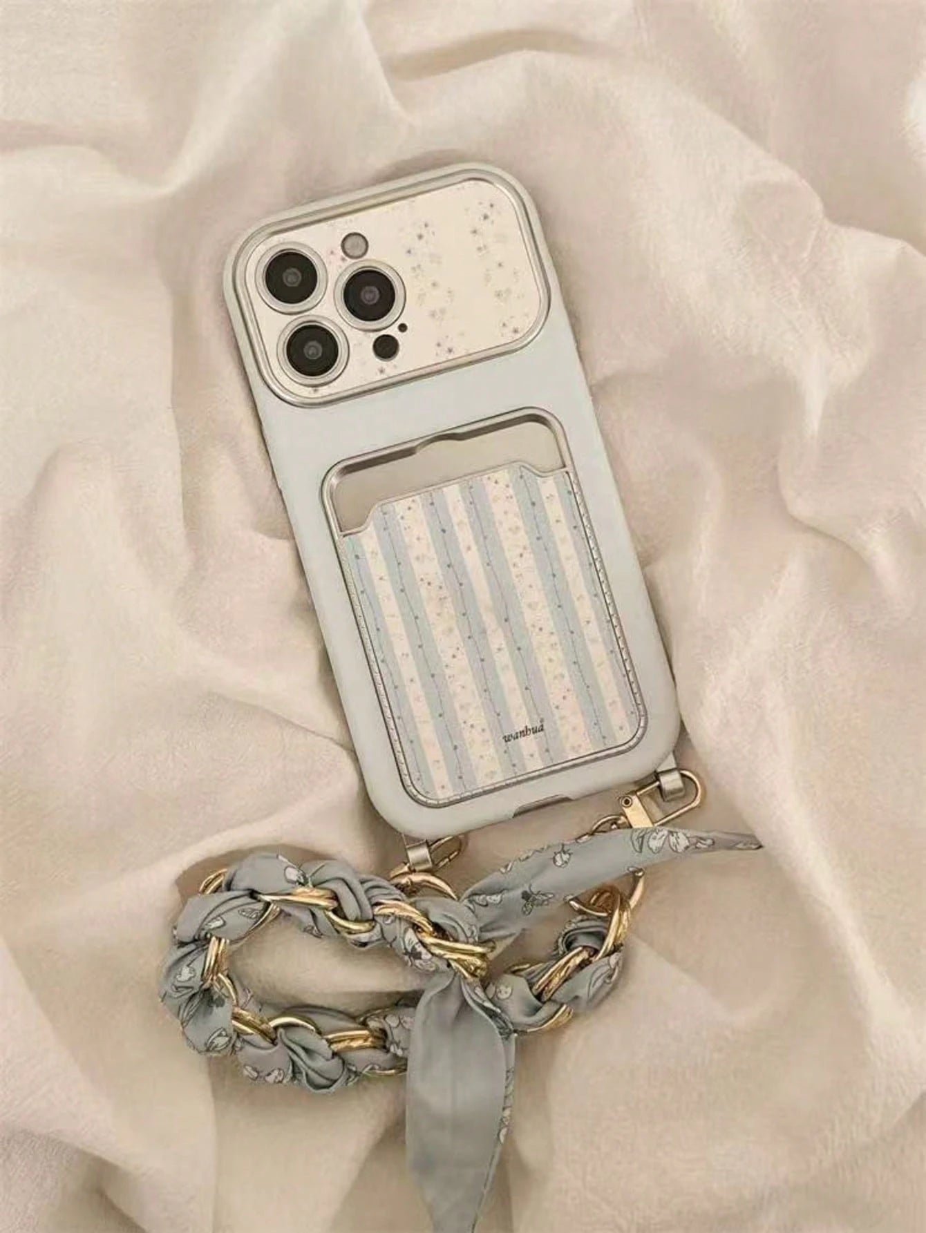 Blue Striped Floral 17/16 Phone Case Compatible With Apple 15/14 Pro Max Card Holder Card Slot 13 Leather Fresh Style 3D Flower Chain Lanyard New INS