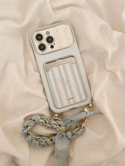 Blue Striped Floral 17/16 Phone Case Compatible With Apple 15/14 Pro Max Card Holder Card Slot 13 Leather Fresh Style 3D Flower Chain Lanyard New INS