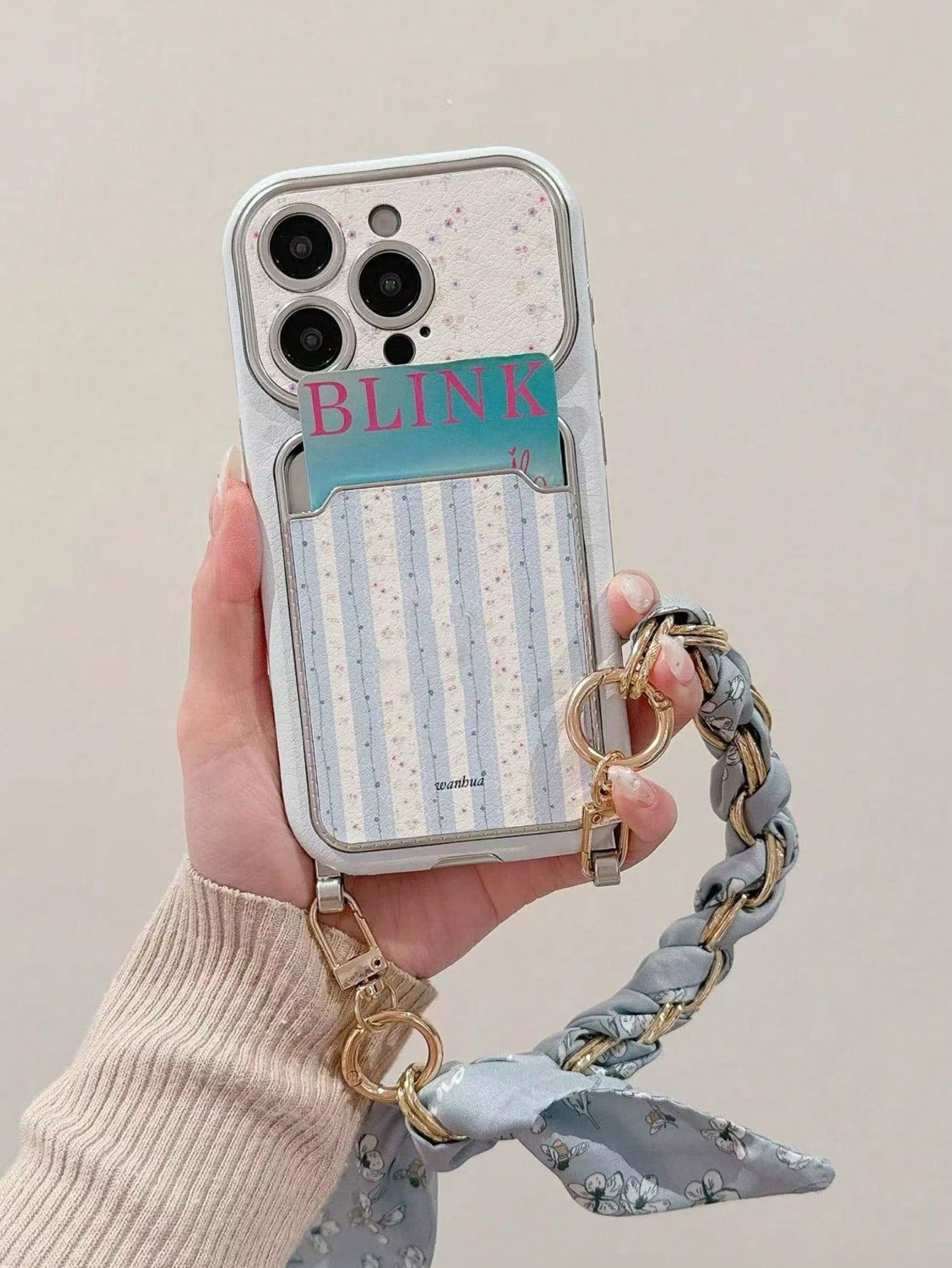 Blue Striped Floral 17/16 Phone Case Compatible With Apple 15/14 Pro Max Card Holder Card Slot 13 Leather Fresh Style 3D Flower Chain Lanyard New INS