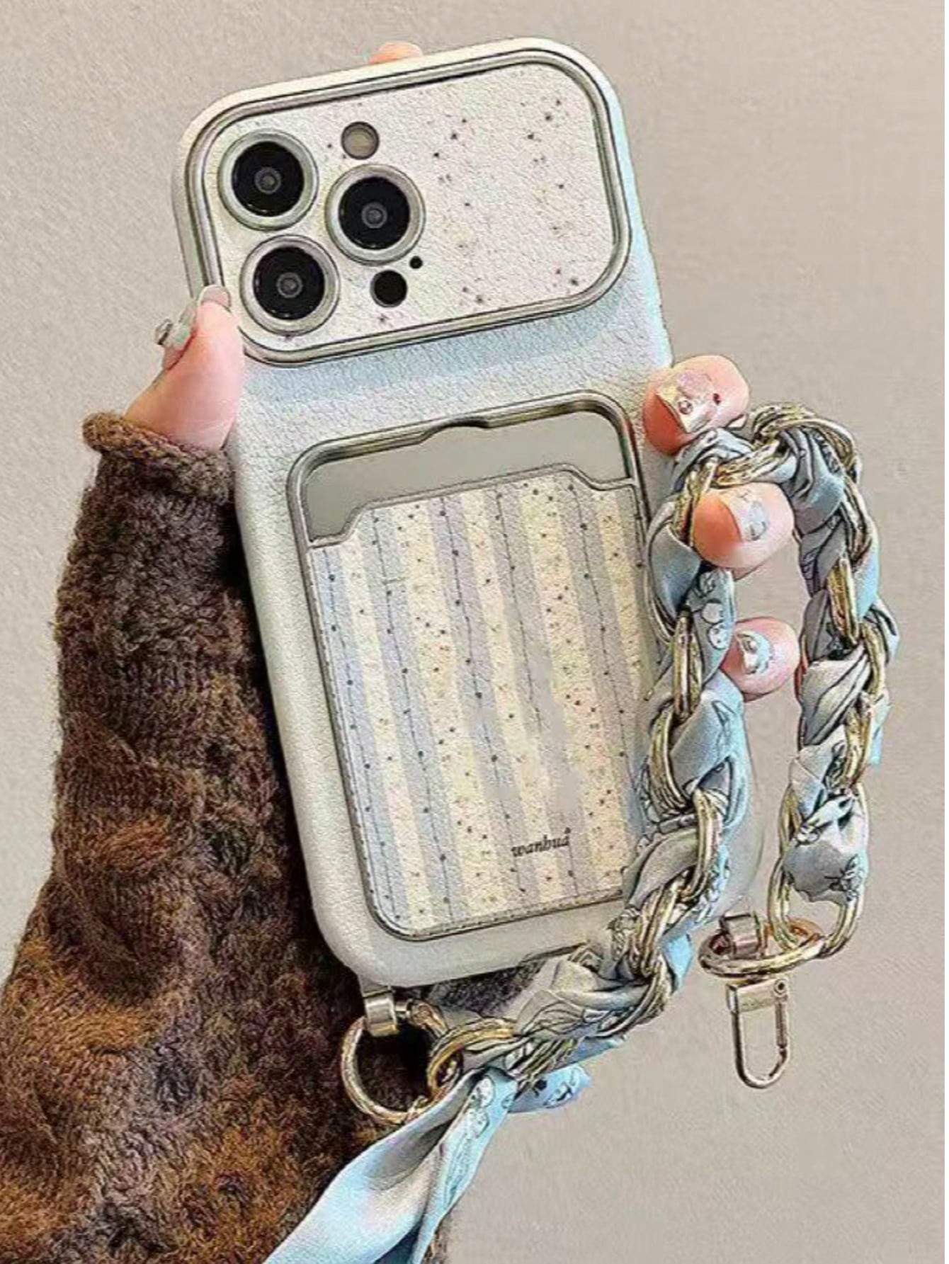 Blue Striped Floral 17/16 Phone Case Compatible With Apple 15/14 Pro Max Card Holder Card Slot 13 Leather Fresh Style 3D Flower Chain Lanyard New INS