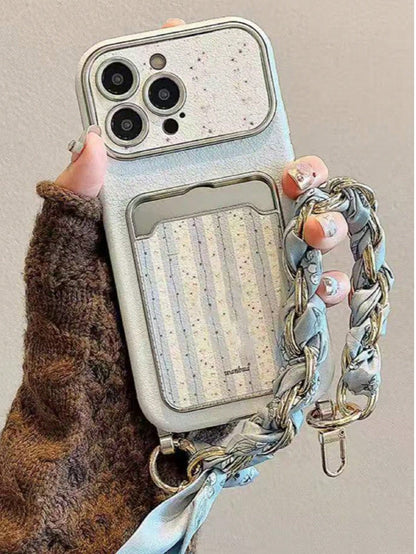 Blue Striped Floral 17/16 Phone Case Compatible With Apple 15/14 Pro Max Card Holder Card Slot 13 Leather Fresh Style 3D Flower Chain Lanyard New INS