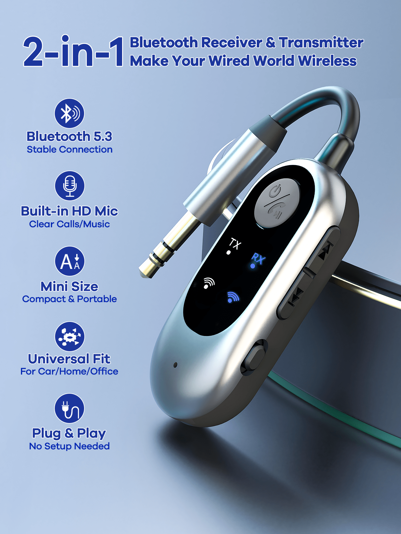 Bluetooth Receiver & Transmitter 2-In-1; Mini Portable Adapter With Noise Cancelling Mic For Home Audio/Car/TV/Wired Headphones/Wired Speaker; Hands-Free Call; Home Stereo; 3.5mm AUX Bluetooth Car Ada