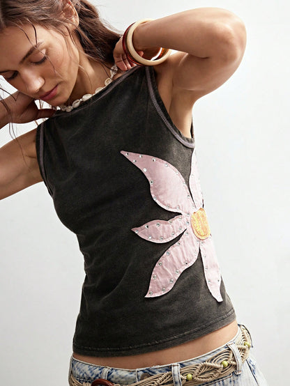 Bohemela BOHO Casual Washed Knit Patchwork Floral Print Fitted Women Tank Top,Summer Top