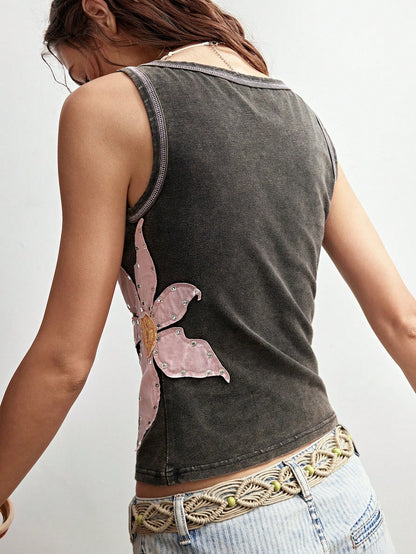 Bohemela BOHO Casual Washed Knit Patchwork Floral Print Fitted Women Tank Top,Summer Top